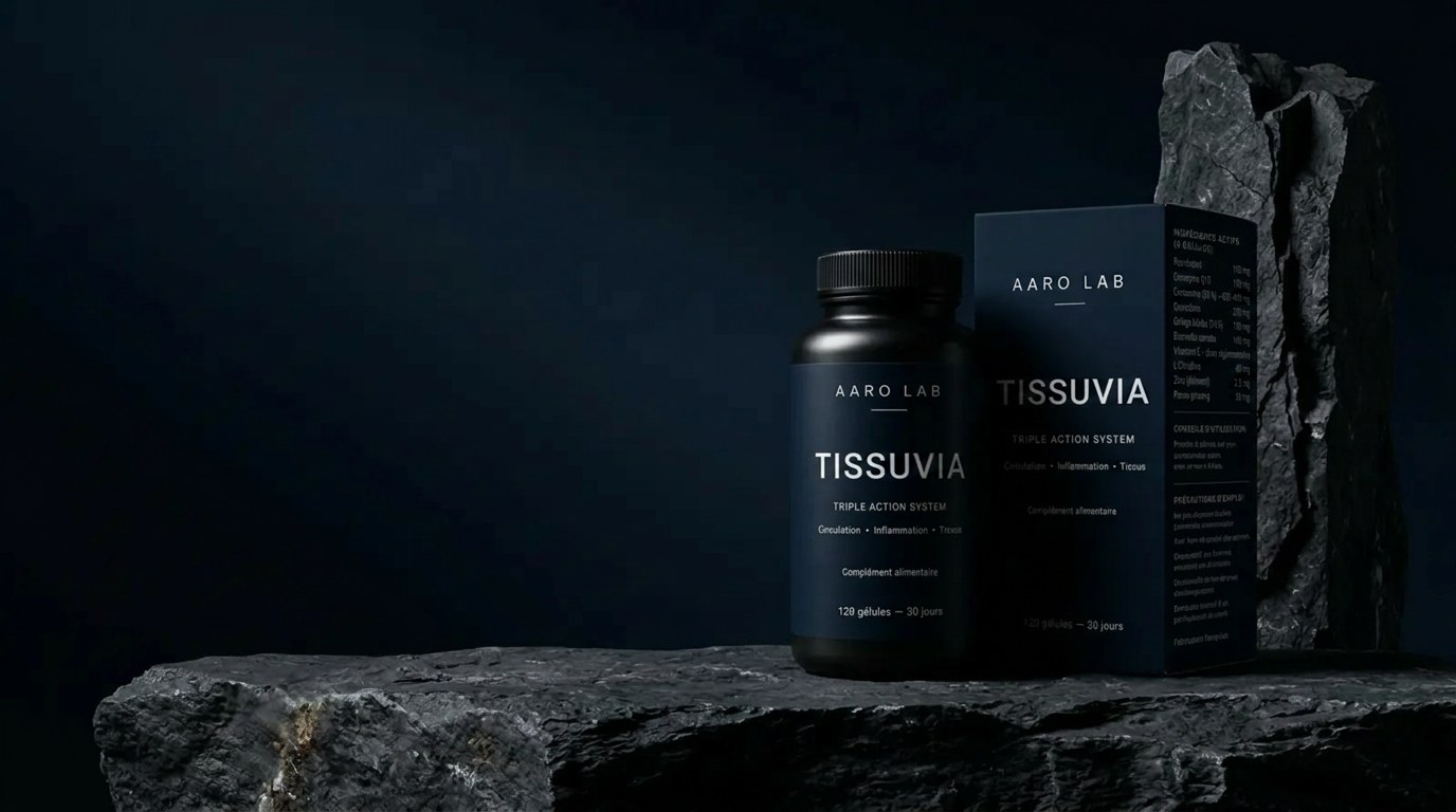 TISSUVIA™ par AARO LAB™ — flacon et coffret sur pierre
