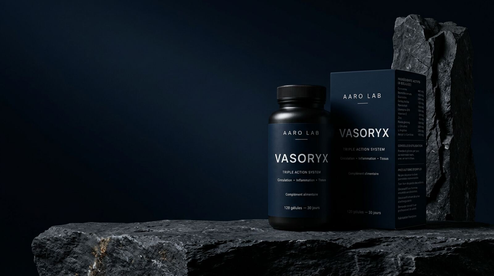 VASORYX™ par AARO LAB™ — flacon et coffret sur pierre